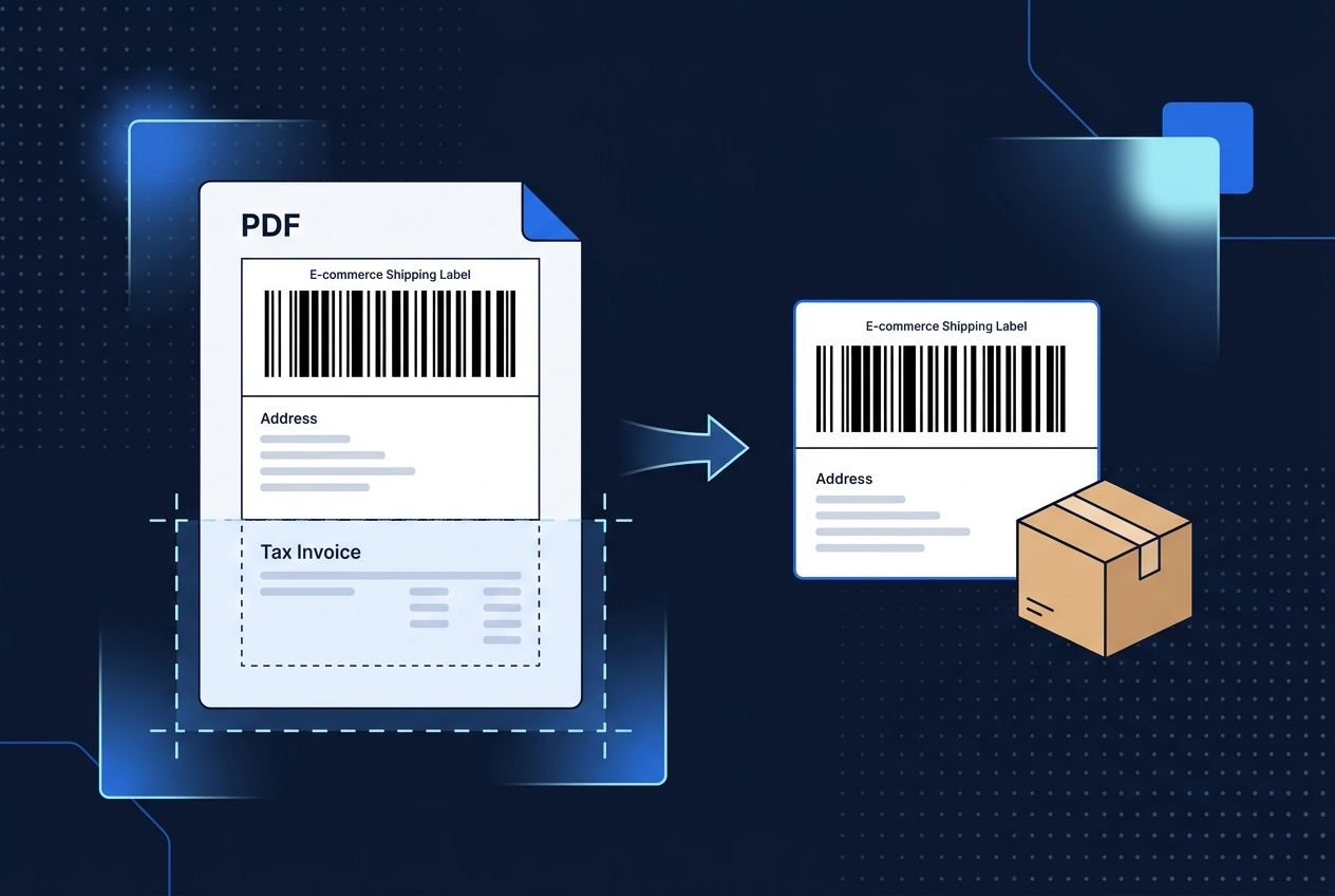 Amazon label PDF before cropping, showing invoice attached to label